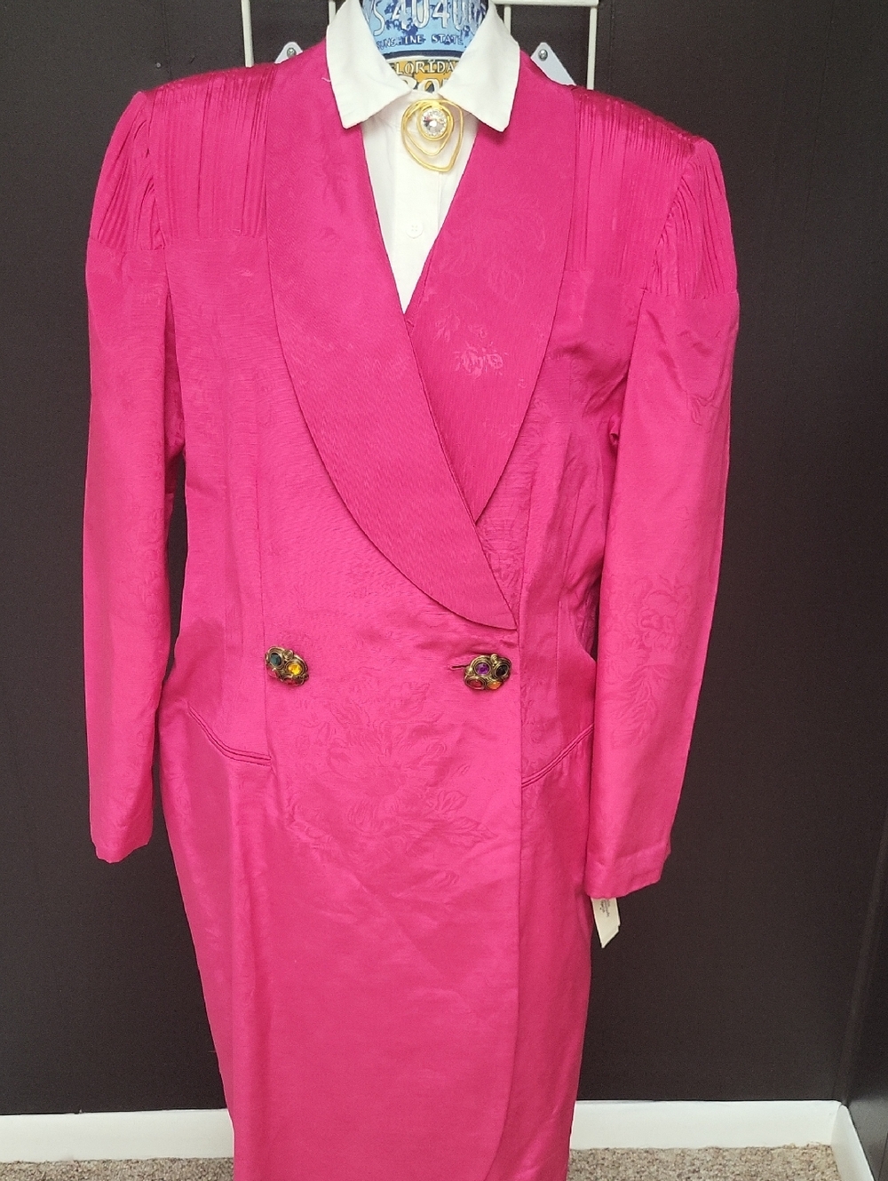 Vtg. NWT, LESLIE FAYE Vibrant Hot Pink DRESS W/ 80'S BUTTONS, SIZE 16